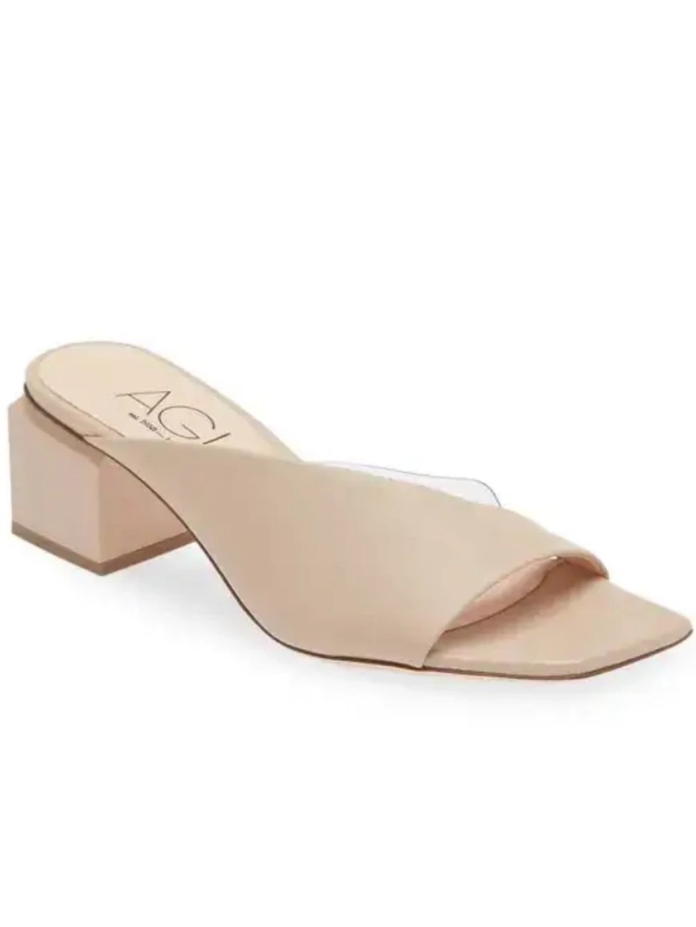 AGL Angie Asymmetric Slide Leather Transparent Block Mule Heels Italy Beige $445